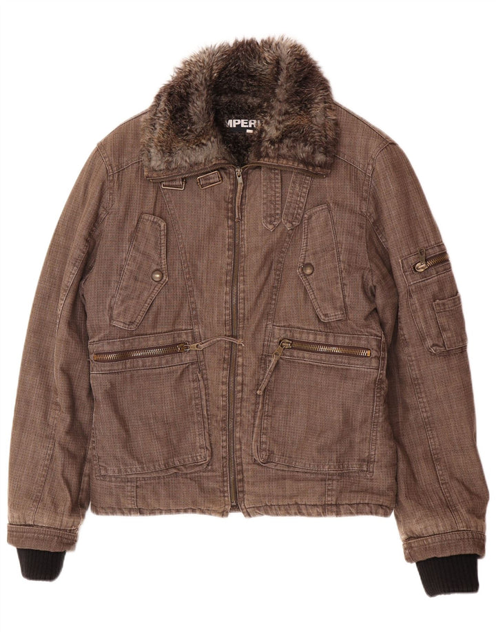 Jaqueta corta-vento masculina Imperial Bomber Shearling Reino Unido 38 algodão marrom médio