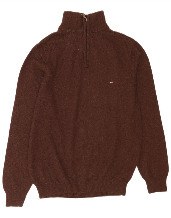 Suéter masculino Tommy Hilfiger com zíper e gola pequena em lã de carneiro marrom