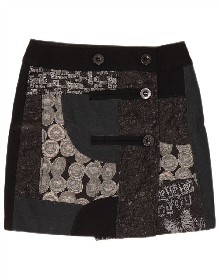 Saia feminina Desigual Mini envoltório gráfico EU 38 médio W32 preto patchwork