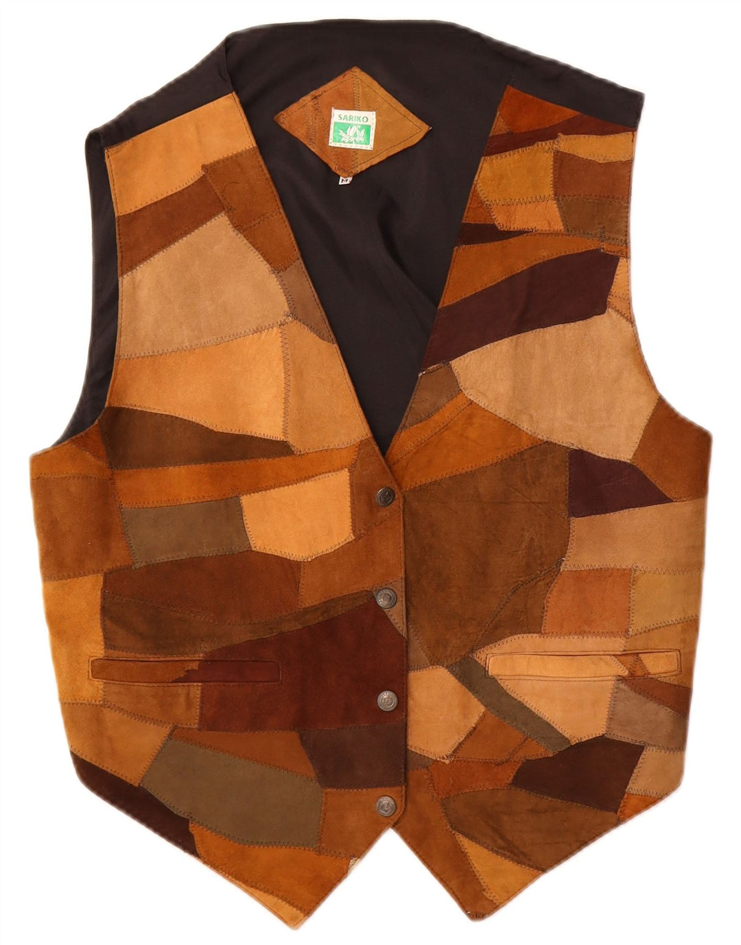 Colete de camurça vintage feminino Reino Unido 14 couro marrom médio patchwork