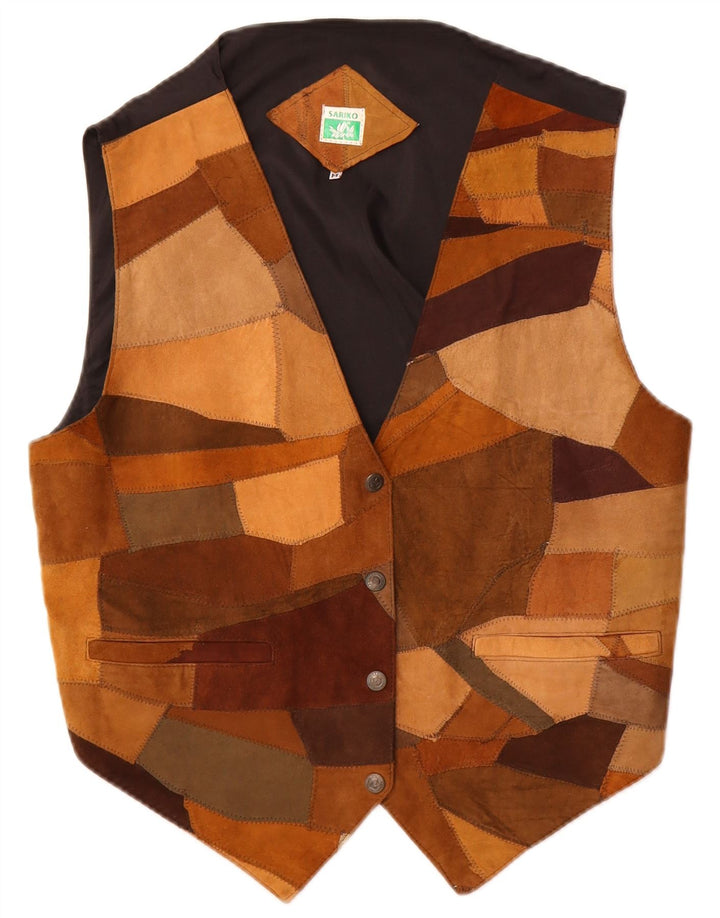 Colete de camurça vintage feminino Reino Unido 14 couro marrom médio patchwork