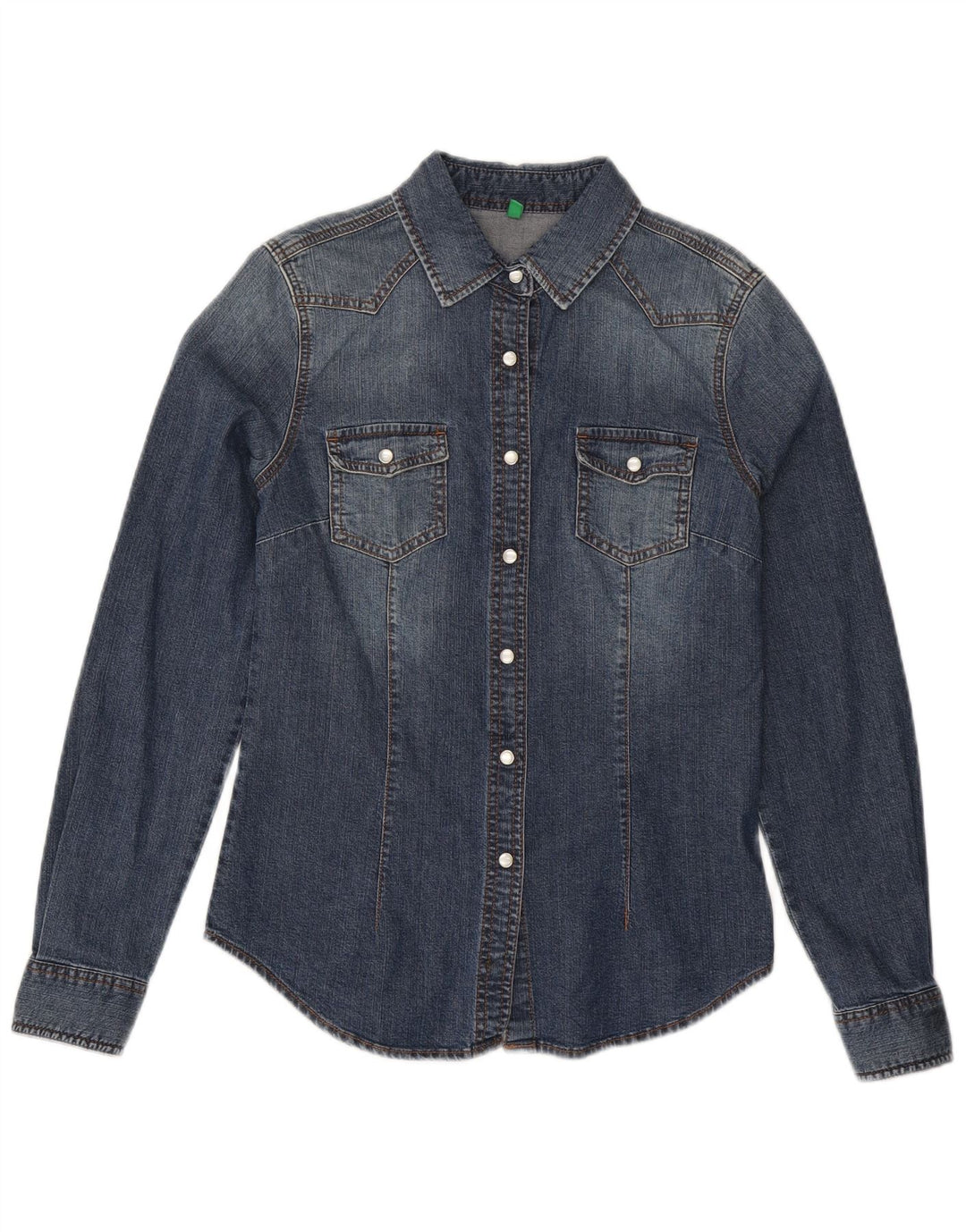 Camisa jeans gráfica feminina Benetton Reino Unido 12 algodão azul médio