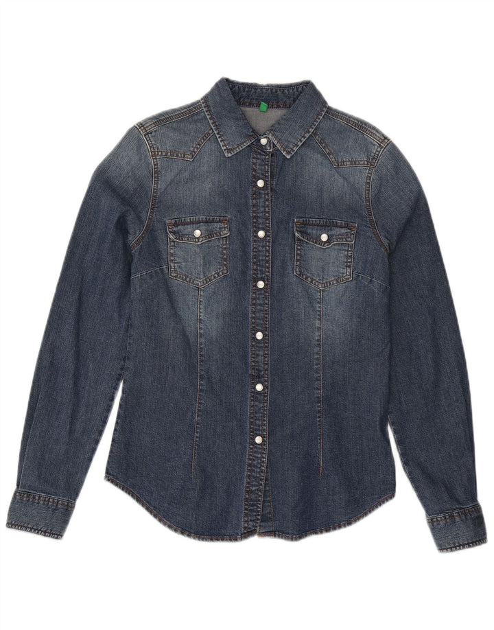 Camisa jeans gráfica feminina Benetton Reino Unido 12 algodão azul médio