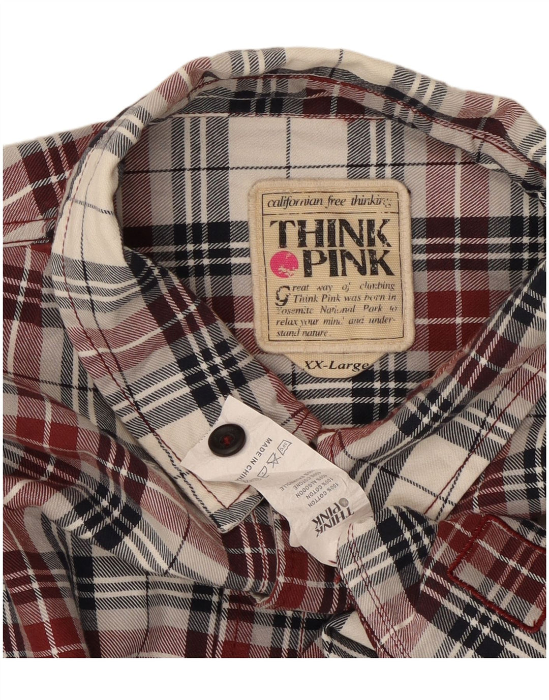 Camisa masculina de flanela THINK PINK 2XL algodão xadrez vermelho