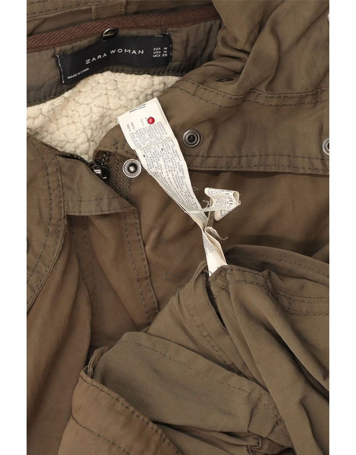 Jaqueta militar feminina com capuz Zara UK 14 algodão cáqui médio