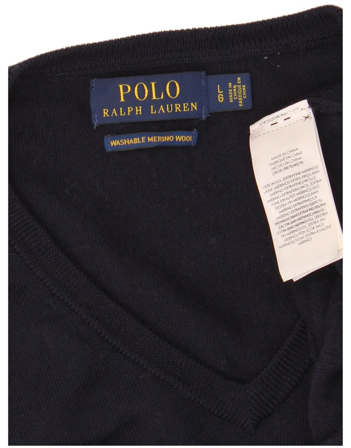 Polo Ralph Lauren Suéter masculino com decote em V grande lã Merino azul marinho