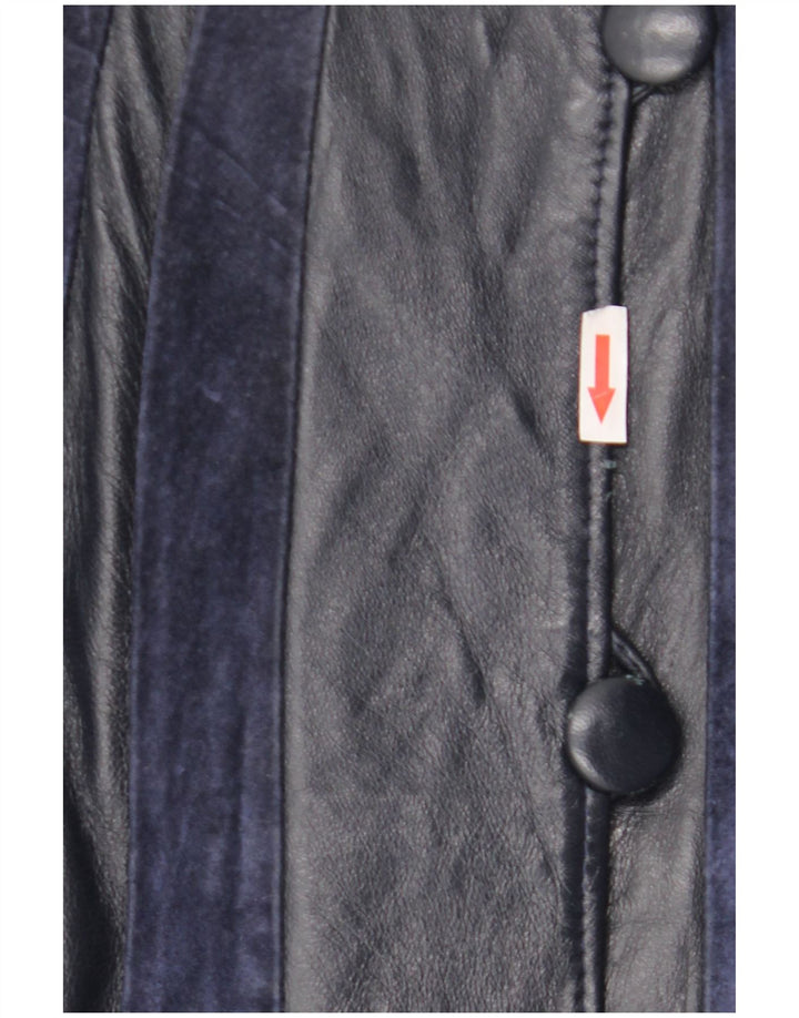 Casaco de couro feminino vintage Reino Unido 14 médio listrado azul marinho