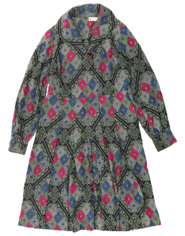 Vestido vintage feminino linha A UK 12 médio multicolorido geométrico