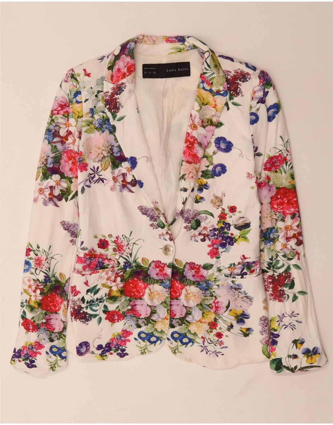 Jaqueta blazer feminina Zara com 1 botão UK 10 pequena viscose floral branca