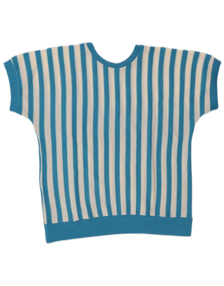 Blusa feminina vintage UK 16 grande listrada azul poliacrílica