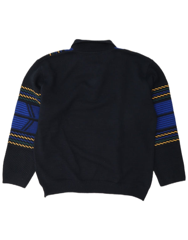 Suéter vintage masculino com gola polo, médio, azul marinho, listrado, poliacrílico