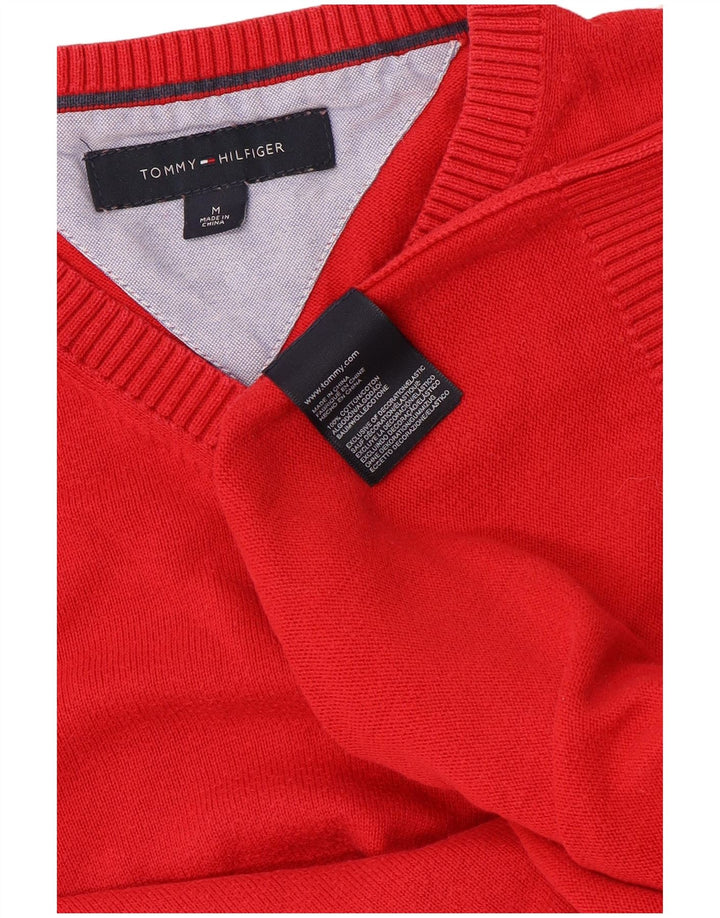 Suéter masculino Tommy Hilfiger com decote em V de algodão vermelho médio