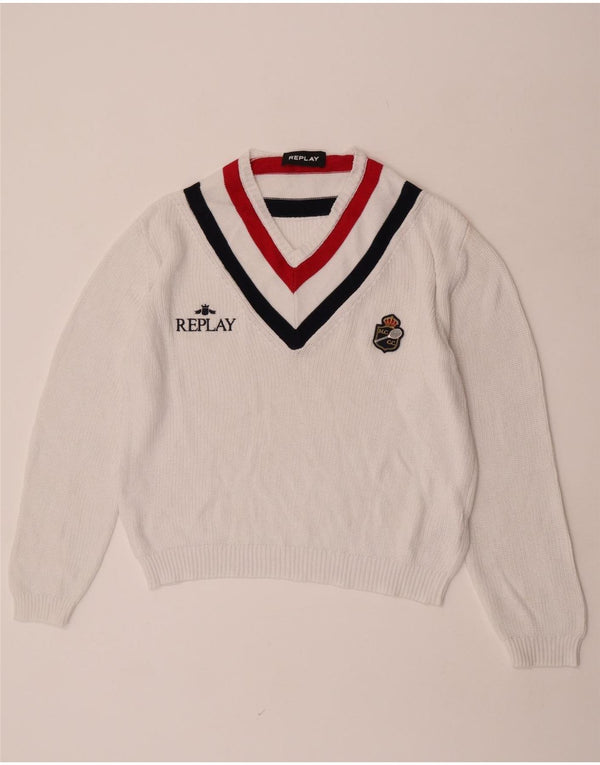 Suéter feminino Replay com decote em V gráfico UK 16 grande bloco colorido branco