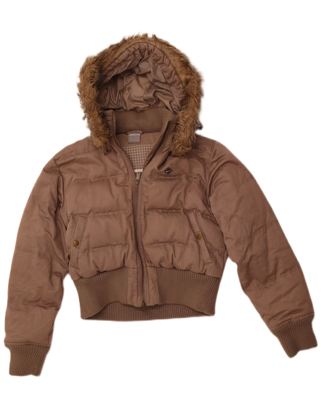 Jaqueta acolchoada com capuz feminina NIKE Reino Unido 8/10 pequena marrom poliéster