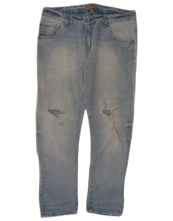 Zara Calça jeans reta feminina desgastada UE 42 grande W32 L29 algodão azul