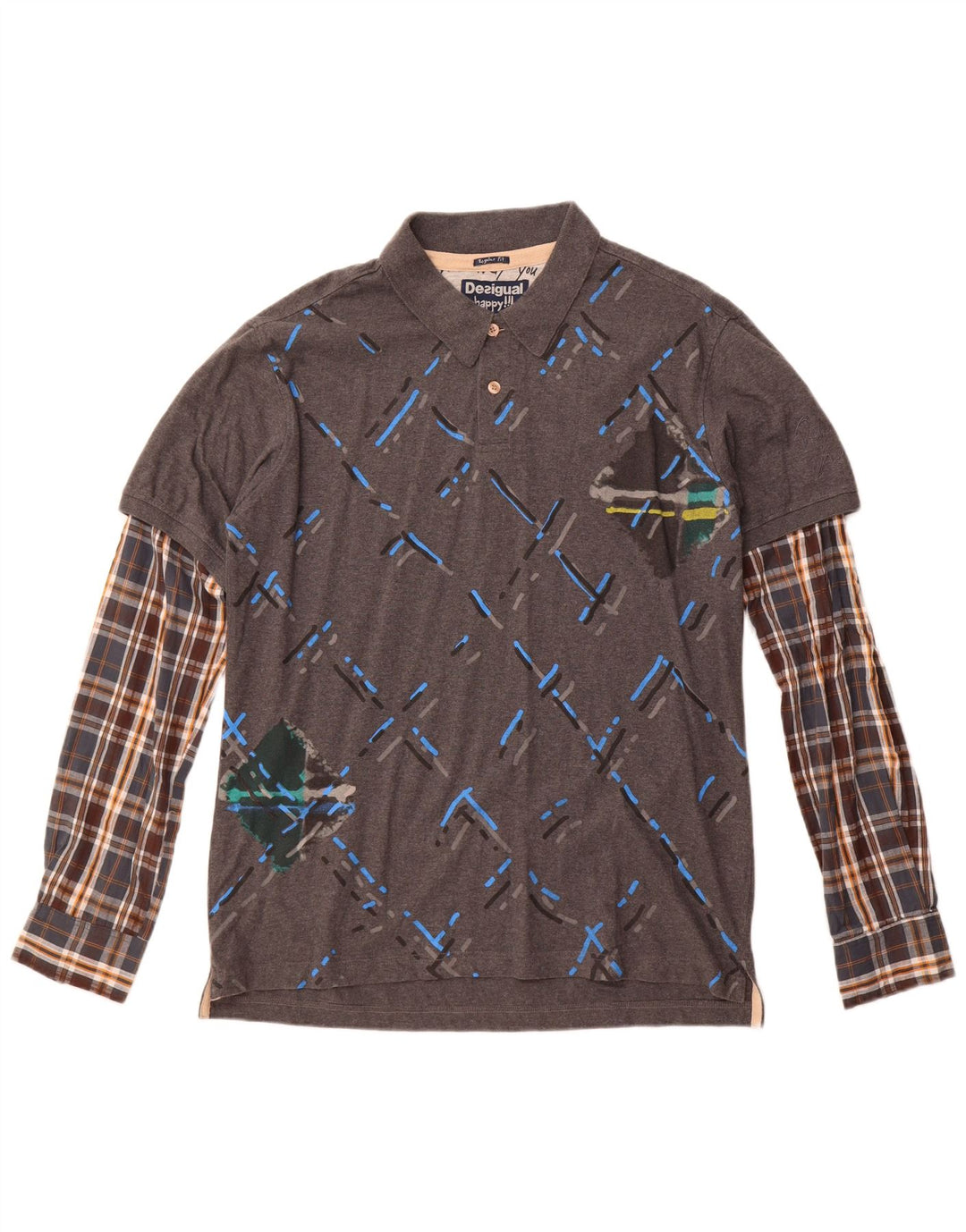 Camisa pólo regular masculina de manga comprida Desigual XL cinza xadrez algodão