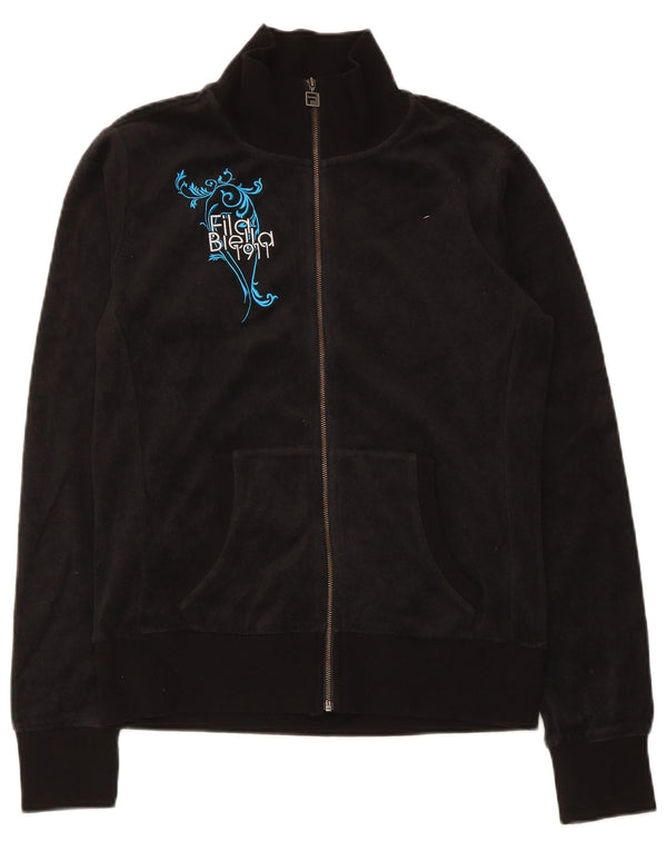 Fila Womens Graphic Tracksuit Top Jacket UK 12 Médio Algodão Preto