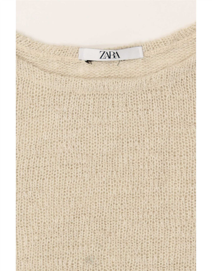 Zara blusa feminina de malha cortada top Reino Unido 16 grande bege