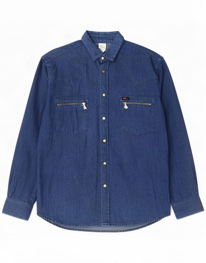 Roy Rogers Camisa jeans masculina de algodão azul médio