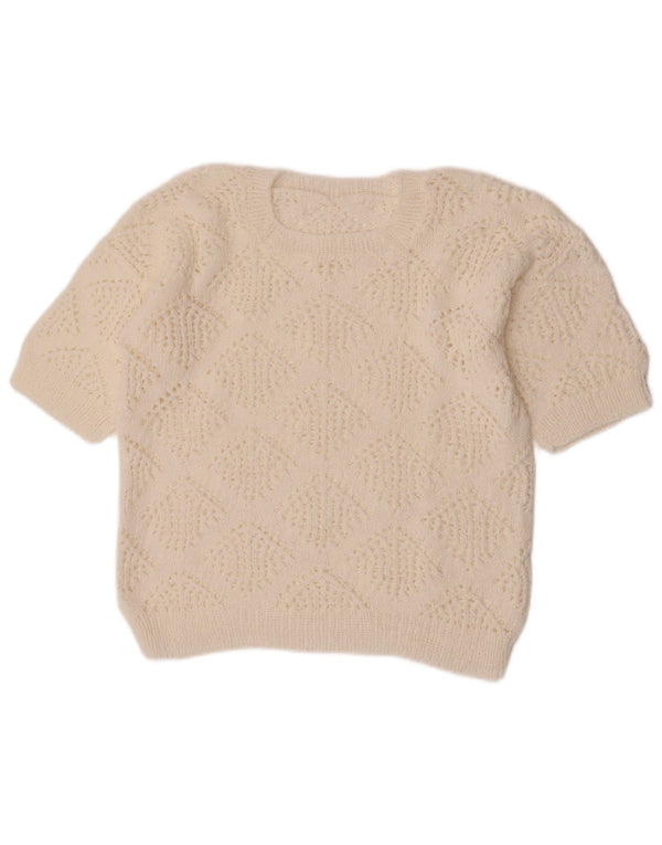 Suéter feminino vintage com gola redonda e gola redonda UK 14 médio branco