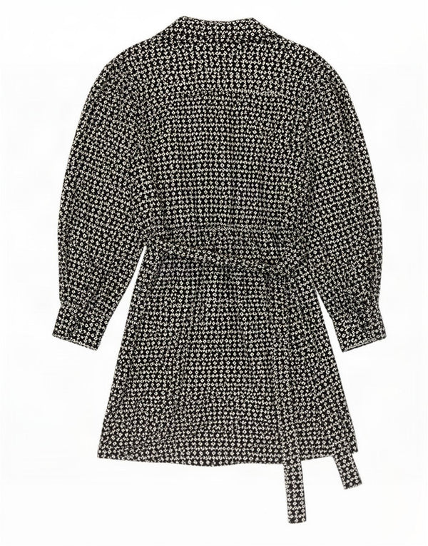 Vestido feminino Marks & Spencer manga comprida evasê Reino Unido 10 pequeno preto geométrico