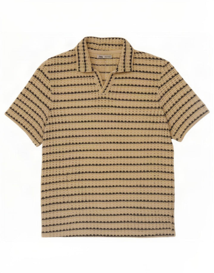 Camisa polo masculina Zara transparente de algodão listrado amarelo médio