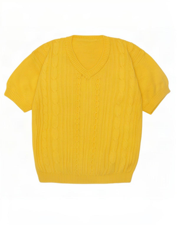 Suéter feminino vintage de manga curta com decote em V Reino Unido 14 médio amarelo
