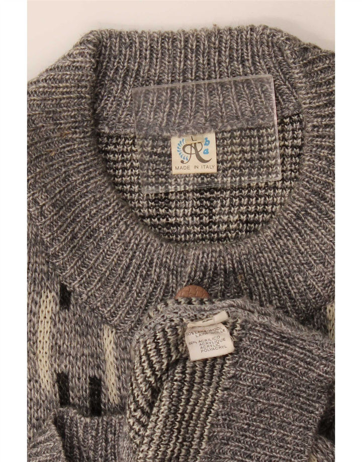 Suéter cardigã masculino vintage grande lã geométrica cinza