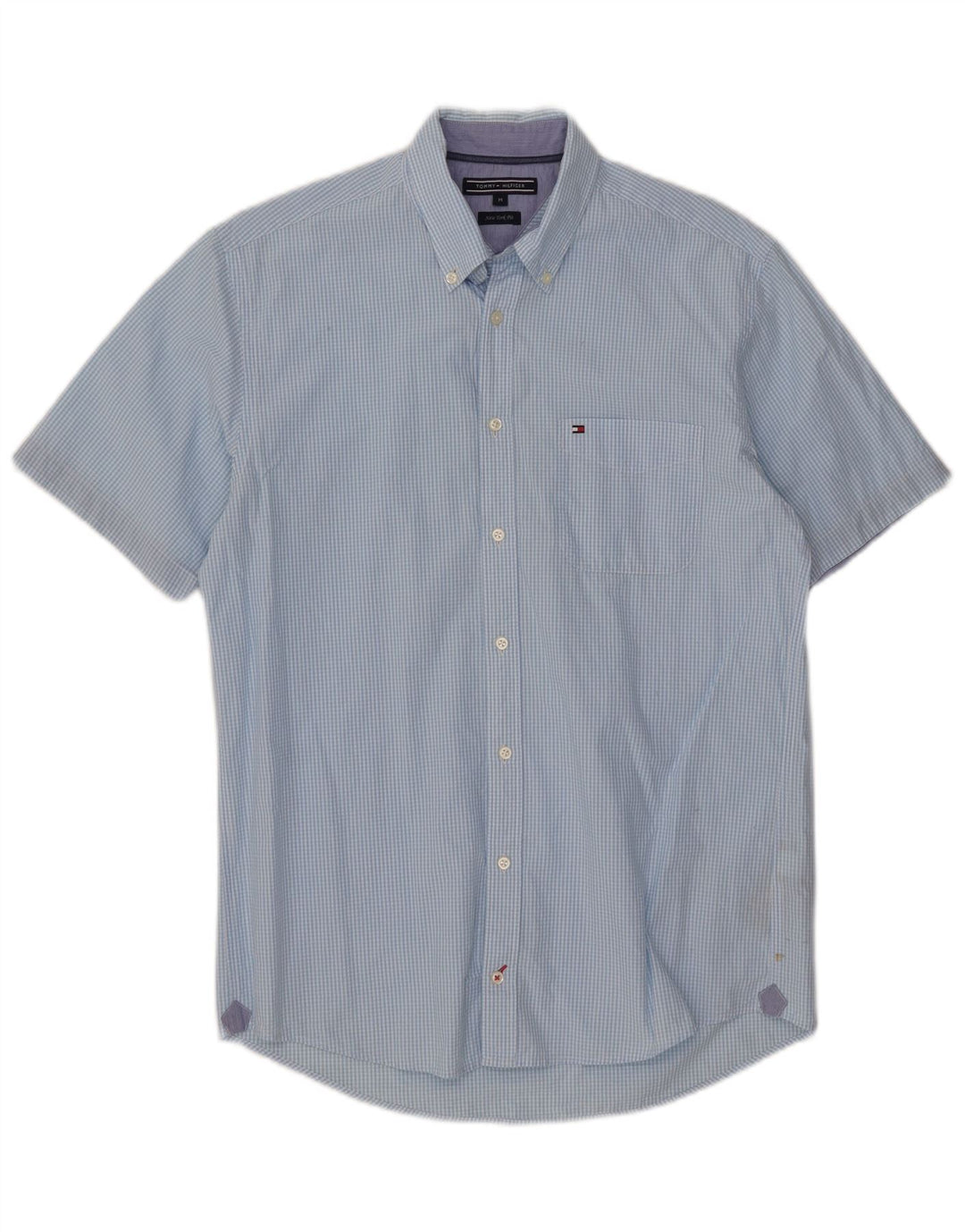 Tommy Hilfiger Camisa masculina de manga curta New York Fit média azul guingão