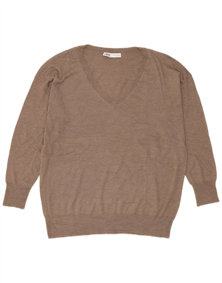 Zara Suéter feminino oversized com decote em V Reino Unido 10 pequeno bege