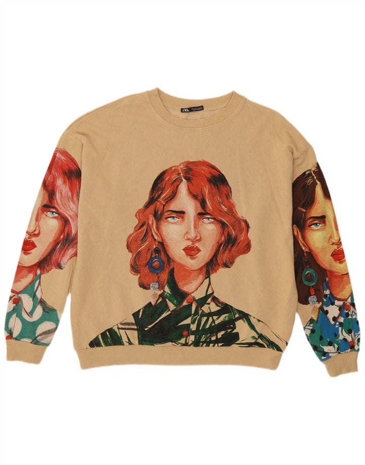 Moletom feminino Zara com padrão abstrato Reino Unido 16 grande algodão bege