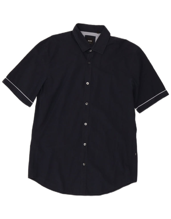 HUGO BOSS Camisa masculina de manga curta slim fit médio algodão azul marinho