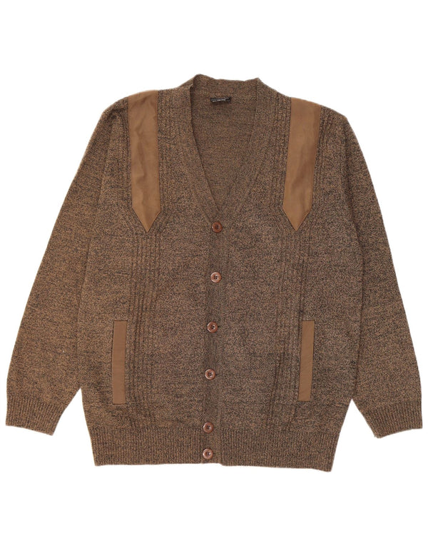 Suéter cardigã masculino vintage 3XL cáqui manchado poliacrílico