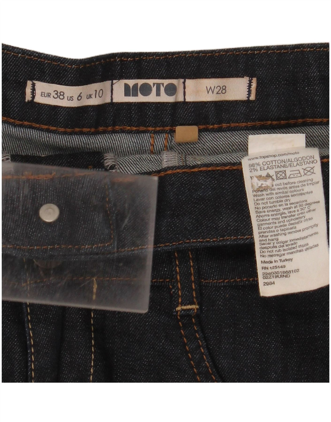 Shorts jeans feminino de cintura alta MOTO Reino Unido 10 pequeno W28 algodão azul marinho