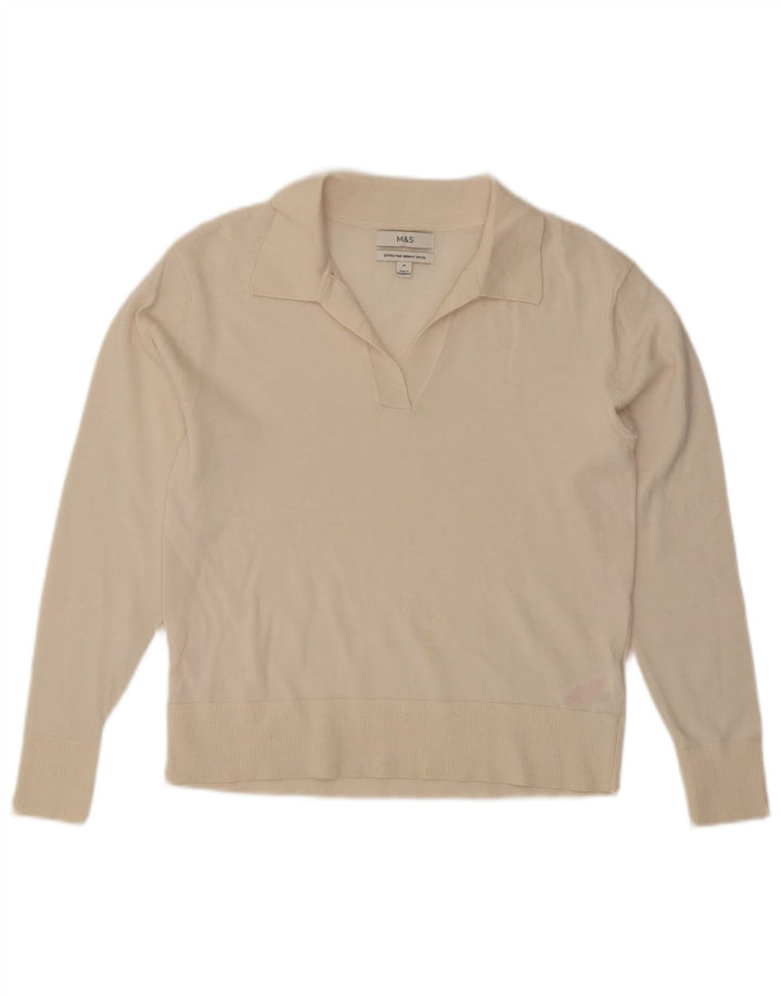 Suéter feminino Marks & Spencer com gola polo e gola polo UK 12 médio off white
