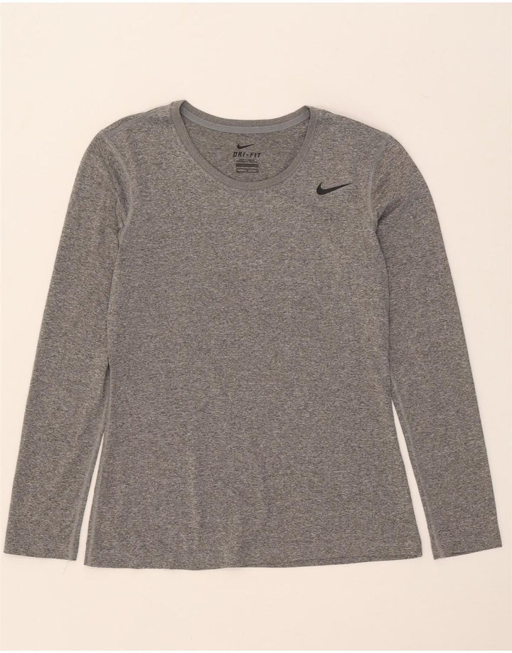 NIKE Womens Dri Fit Top Manga Longa UK 10 Pequeno Cinza Flecked Poliéster