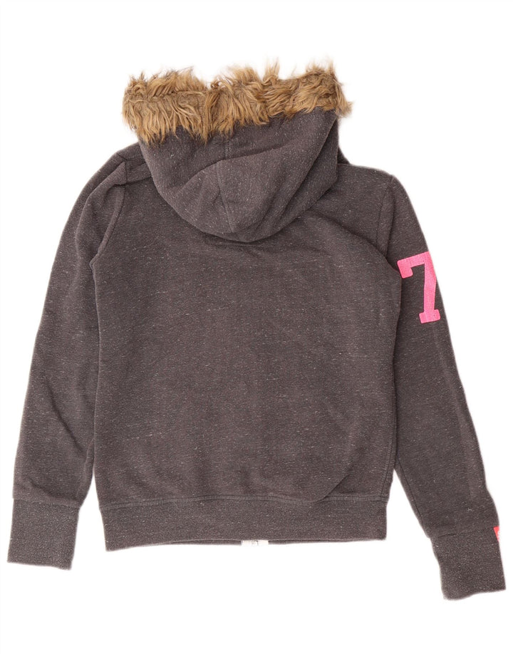 Suéter feminino Superdry com capuz e zíper gráfico UK 8 pequeno algodão cinza