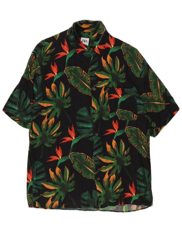 Zara Camisa masculina de manga curta média preta floral viscose
