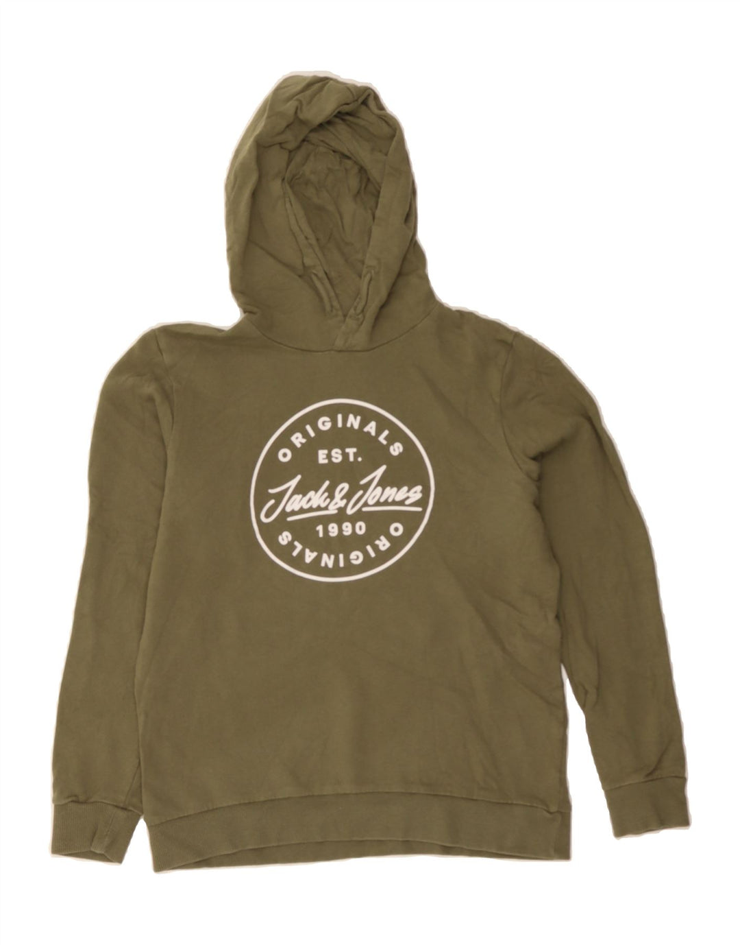 JACK & JONES Boys Graphic Hoodie Jumper 13-14 Years Khaki Cotton Vintage Jack & Jones and Second-Hand Jack & Jones from Messina Hembry 