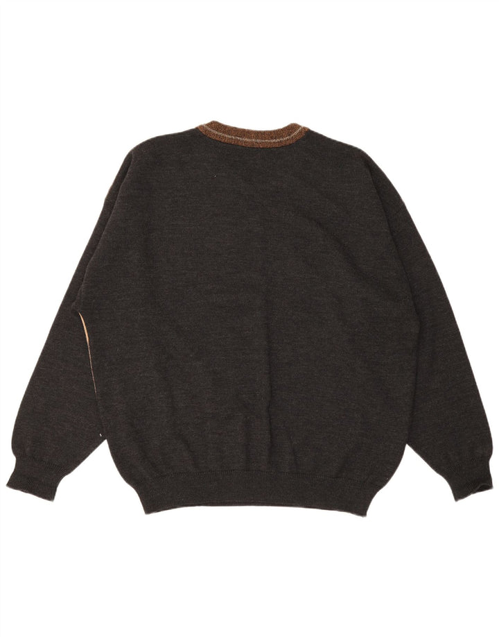 Suéter vintage masculino com gola redonda XL de lã colorblock multicolorida