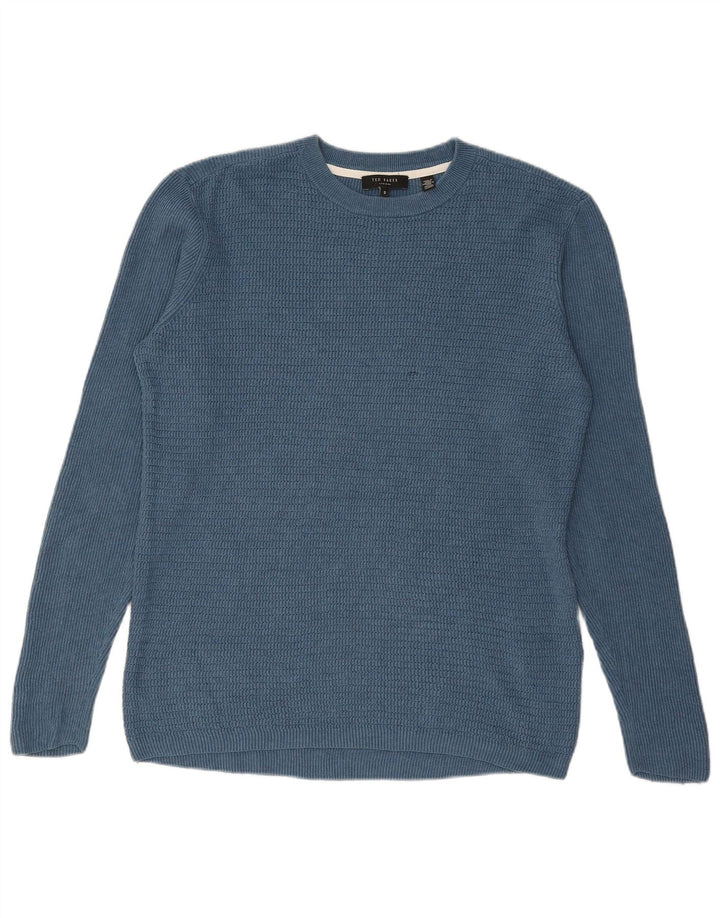 Suéter masculino Ted Baker com gola redonda, tamanho 3, algodão azul médio