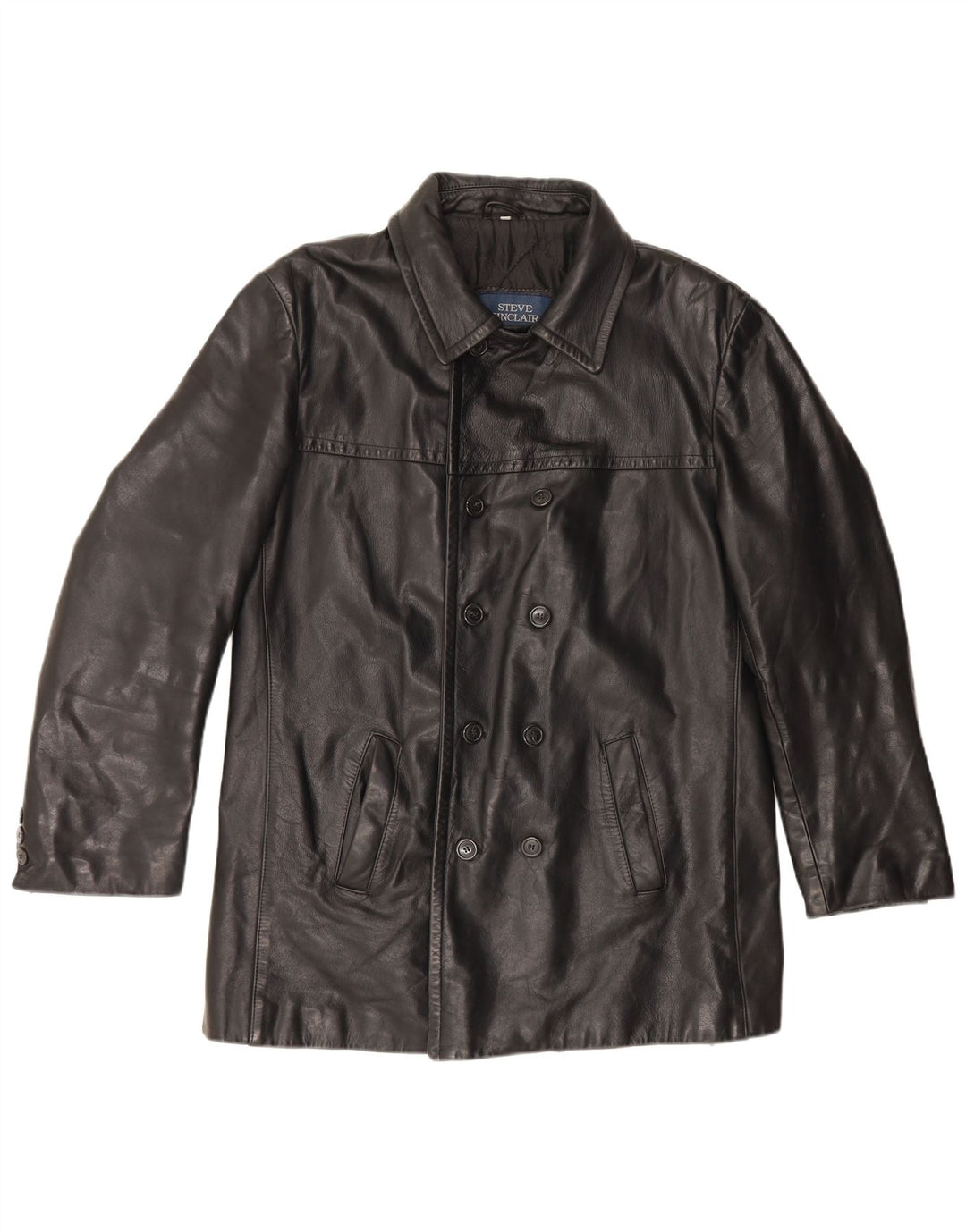 Jaqueta de couro vintage masculina com peito duplo IT 50 couro preto grande