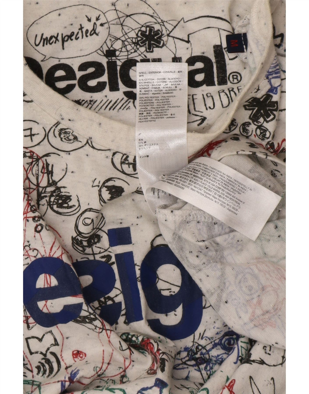 DESIGUAL Camiseta masculina com padrão abstrato gráfico top médio algodão branco