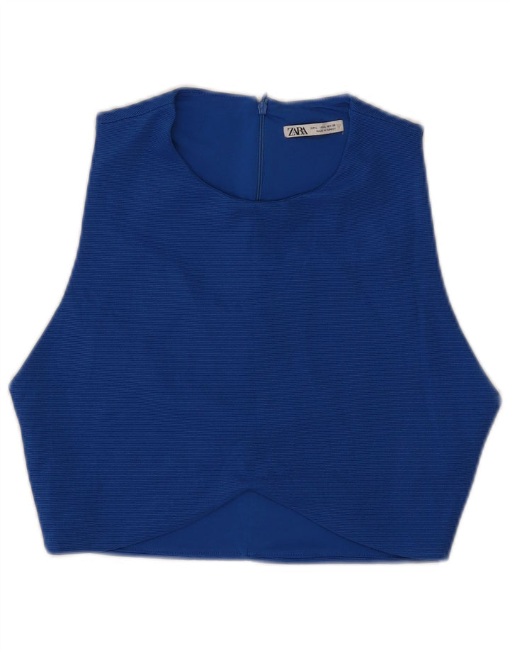 Blusa feminina sem mangas Zara Top Reino Unido 14 grande azul poliéster