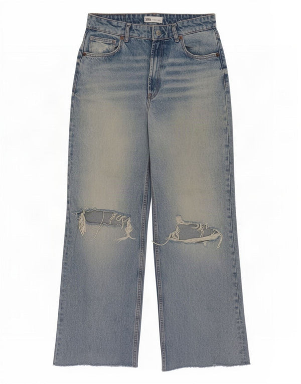 Zara Calça jeans feminina cintura alta desgastada com perna larga UE 40 médio W30 L29 azul