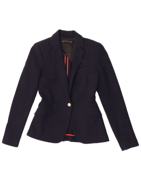 Jaqueta blazer feminina Zara com 1 botão UK 6 XS azul marinho poliéster