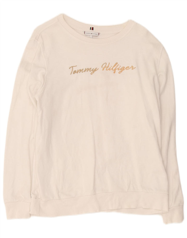 Tommy Hilfiger moletom feminino gráfico oversized jumper UK 10 pequeno branco