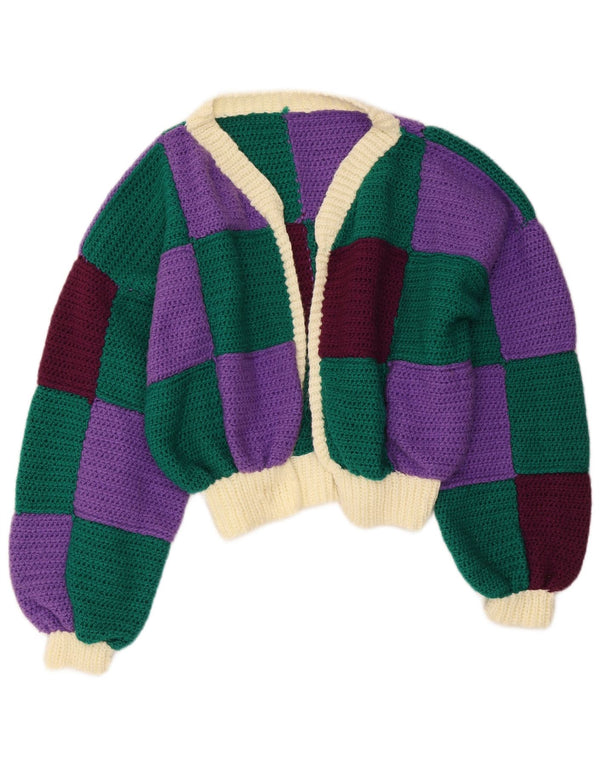 Suéter Cardigan Crop Feminino Vintage Reino Unido 16 Grande Bloco Colorido Multicolorido