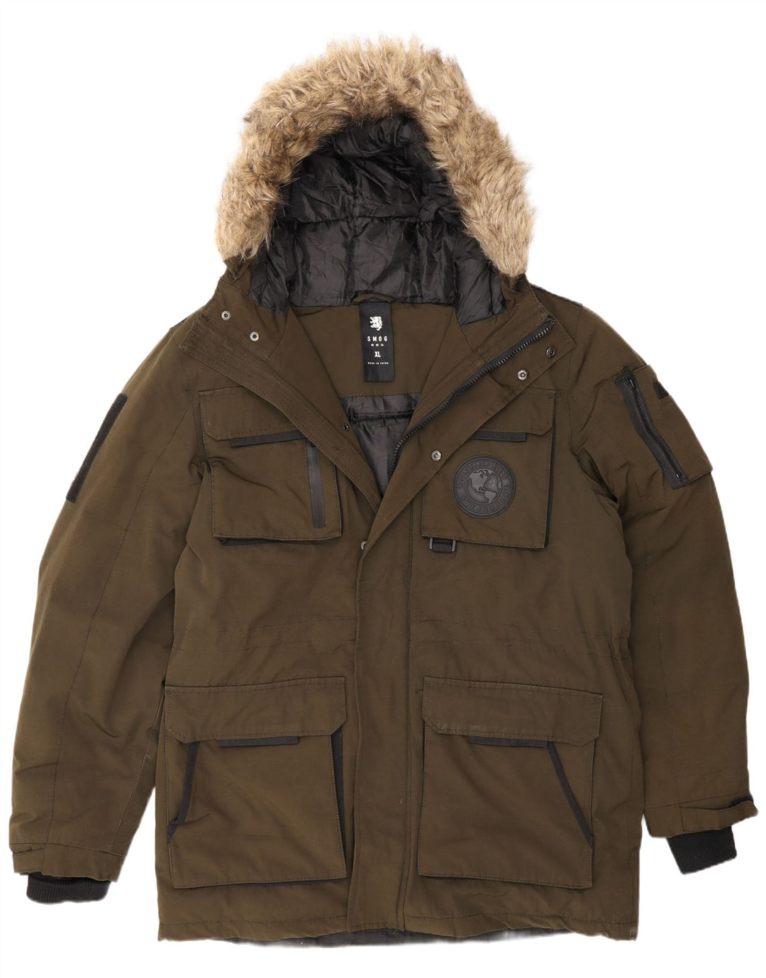 Jaqueta Parka masculina com capuz Smog UK 42 XL poliéster cáqui