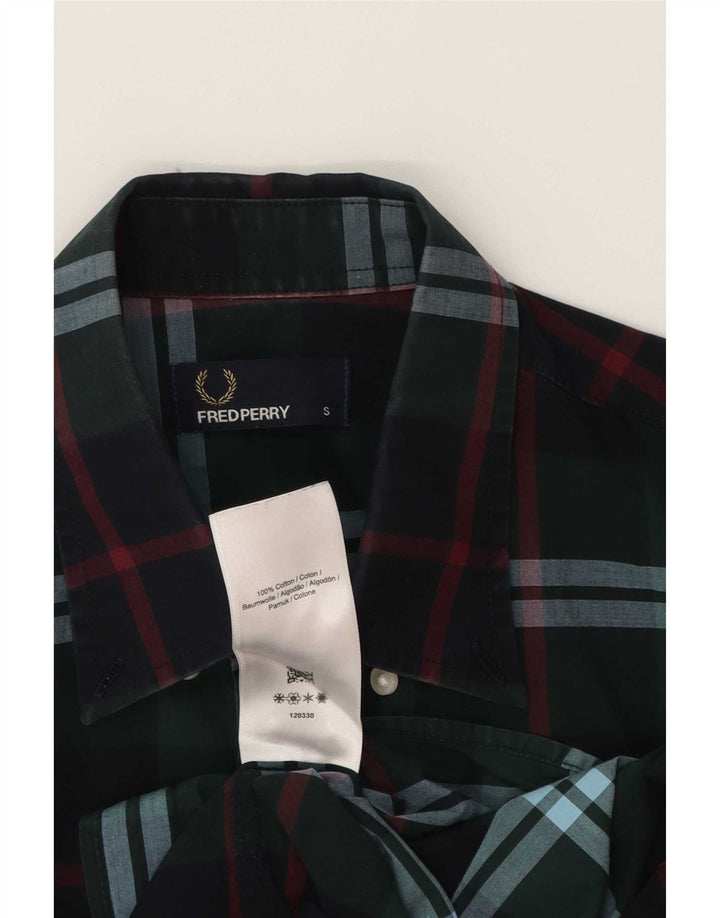 Camisa masculina Fred Perry pequena xadrez verde de algodão